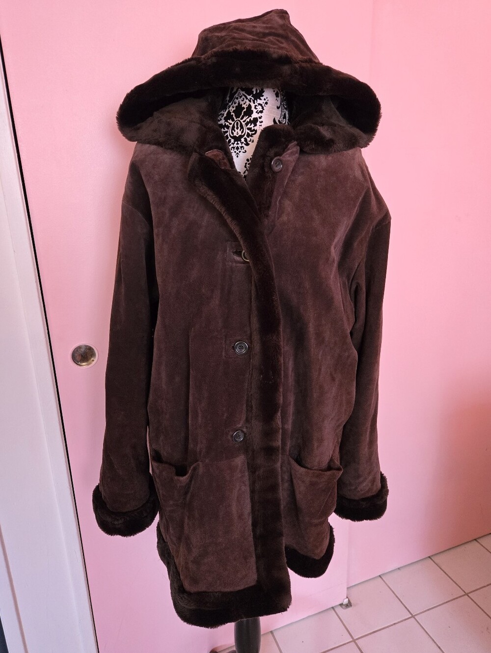 Vintage Hooded Suede and Faux Fur Coat